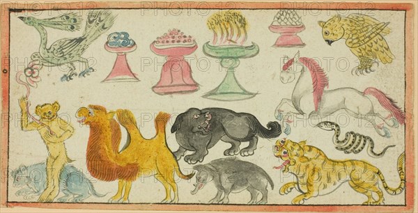 Page from a Manuscript with Images of Auspicious Animals and Offerings, Mongolia, 19th century.