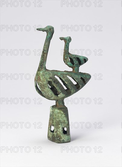 Pole Top with Double Bird-Shaped Bell (one of pair), 6th/4th century B.C. Made by herding tribes in modern Northern China or Inner Mongolia.