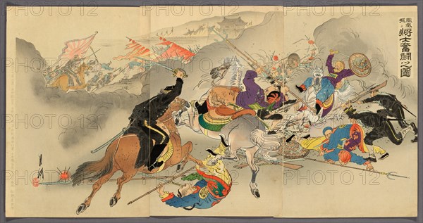 Soldiers Fighting Furiously at Fenghuangcheng (Hoojo ni shoshi funto no zu), 1894.