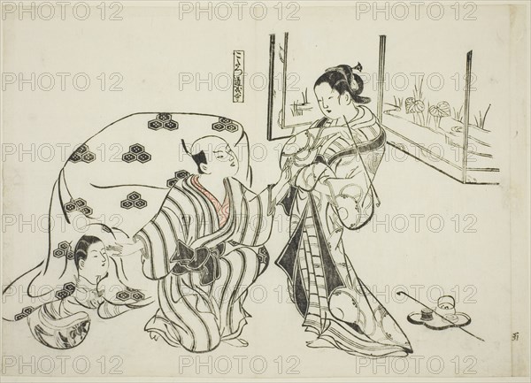 Kotatsu Dojoji, no. 5 from a series of 12 prints depicting parodies of plays, c. 1716/35. Scene from the legend of Musume Dojoji. The woman at left is crouching underneath a large kotatsu (quilt spread over a rack covering a brazier/fire box)
