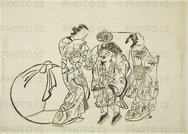Measuring Daikoku's height, no. 5 from a series of 12 prints, c. 1708.