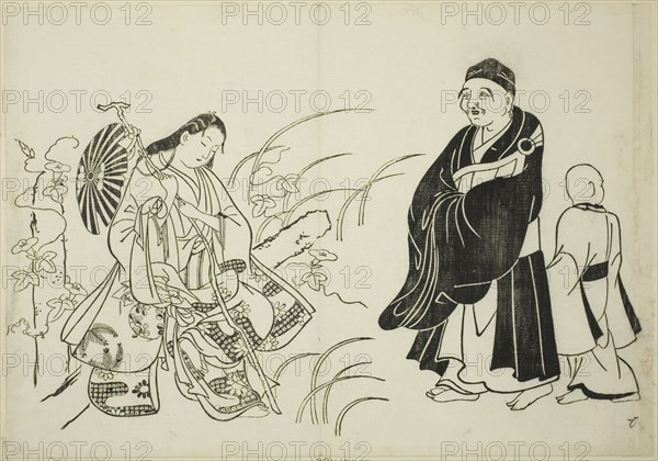 Komachi resting on a stupa, no. 6 from a series of 12 prints, c. 1708.