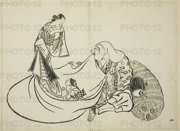 Daikoku revealing the contents of Hotei's bag, no. 2 from the series of 12 prints, c. 1708.