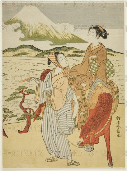 Pausing to admire Mt. Fuji (parody of Ariwara no Narihira's journey to the east), c. 1768/69.