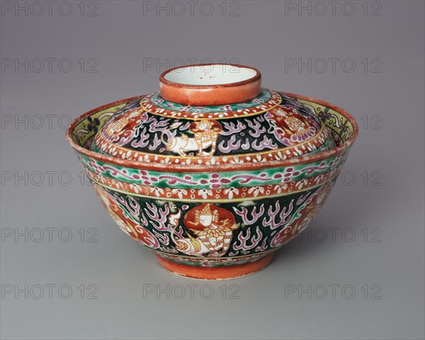 Bencharong (Five-Colored) Ware Covered Bowl with Thai Motifs, 18th century.