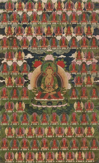 Painted Banner (Thangka) of Amitayus Buddha Surrounded by One Hundred Buddhas, 19th century.