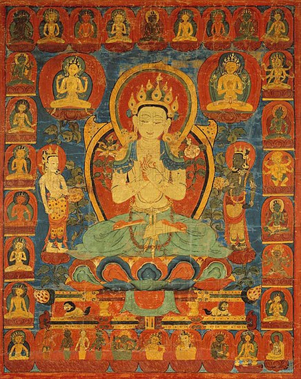 Painted Banner (Thangka) of Bodhisattva Maitreya Surrounded by his Retinue, 16th century.