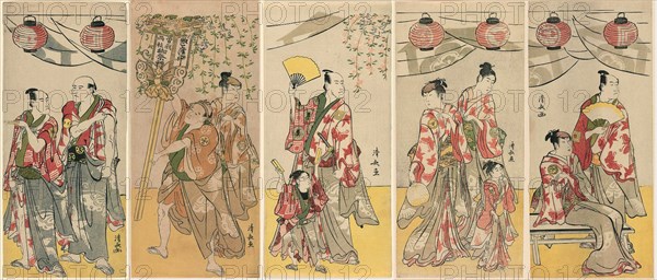 Eleven Actors Celebrating the Festival of the Shrine of the Soga Brothers, 1788. pentaptych: Arashi Ryuzo II and Ichikawa Komazo III; Azuma Tozo III and Otani Tokuji; Ichikawa Danjuro V and Ichikawa Ebizo IV; Yamashita Mangiku, Iwai Hanshiro IV, and Iwai Kumesaburo; Ichikawa Monnosuke II and Segawa Kikunojo III.