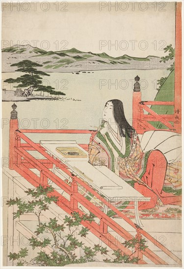 Murasaki Shikibu, Edo period (1615-1868), about 1784. The author sits on a balcony in Ishiyama where she is said to have written the classic romance "Genji Monogatari" (Tale of Genji). Calligraphy brush in hand, she looks out at Lake Biwa.