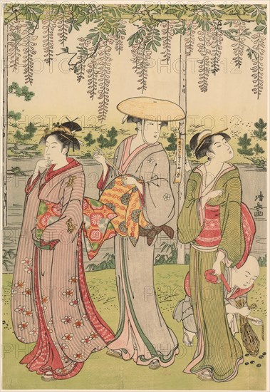 Admiring the wisteria at Kameido Shrine, c. 1786.