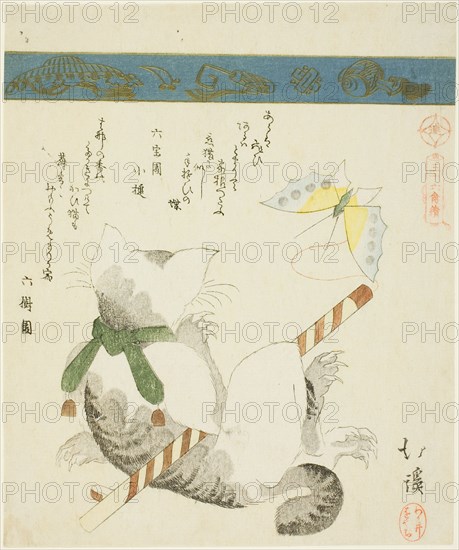 Cat Playing with a Toy Butterfly, from the series "Thirty-six Pictures of Birds (Sanjuroku kinzoku)", 1828.