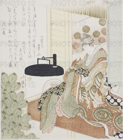 Courtesan sitting on a veranda next to a lantern, 1814.