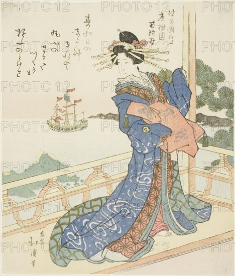 Courtesan watching foreign ship from balcony, c. 1818/44.