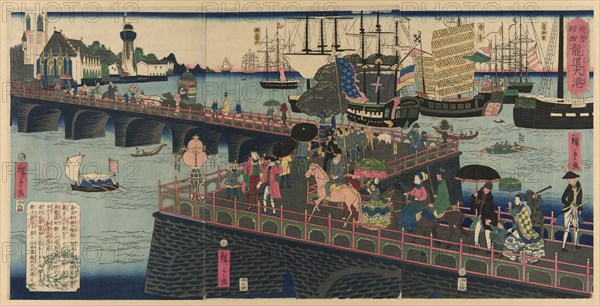 The Great Harbor in London, England (Egirisu, Rondon taiko), 1862. 'An imaginary view of the port of London. Crowds throng London Bridge with boats from France, China and Russia in the background'.