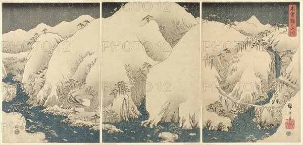 Mountains and Rivers on the Kiso Road (Kisoji no yamakawa), from an untitled series of triptychs, 1857.