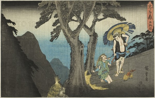 Act 5 (Godanme), from the series "The Revenge of the Loyal Retainers (Chushingura)", c. 1834/39. During a heavy rainstorm in the mountains near Kyoto, an old peasant kneels and begs for mercy. Sadakuro, with a tattered umbrella, snatches the old man's purse and kills him with a sword.