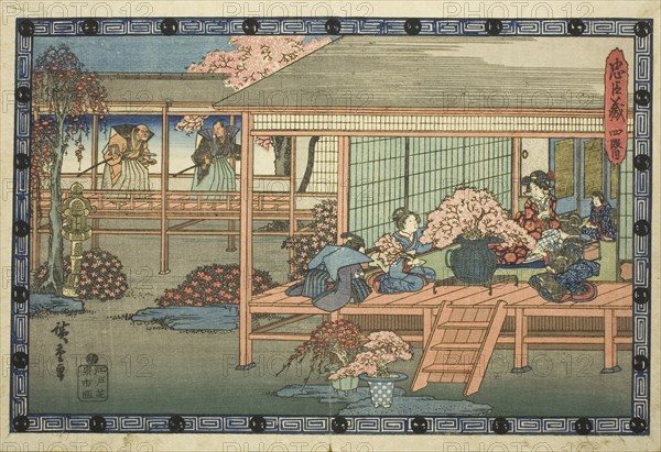Act 4 (Yondanme), from the series "The Revenge of the Loyal Retainers (Chushingura)", c. 1834/39. Asano's wife sits with attendant maids and Rikiya while arranging cherry blossoms. Arriving in the background are deputies, including Honzo, from the court to notify Lord Asano that he been condemned to commit seppuku as punishment for his knife attack in court on Lord Kira.