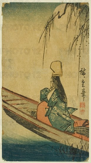 Asazuma boat, c. 1840s. Boat prostitute at Asazuma (Asazumabune) in a shallow boat beneath the hanging branches of a willow tree gazing at the full moon.