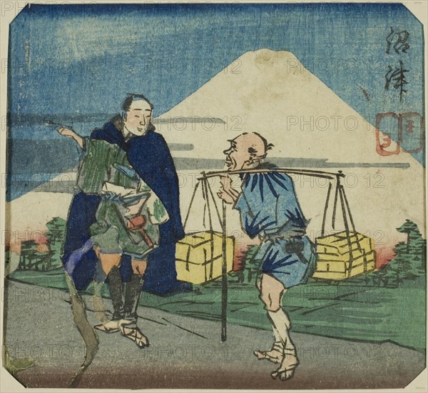 Numazu, section of a sheet from the series "A Harimaze Mirror of Joruri Plays (Harimaze joruri kagami)", 1854.
