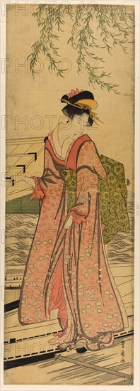 Young woman stepping out of a boat, n.d.
