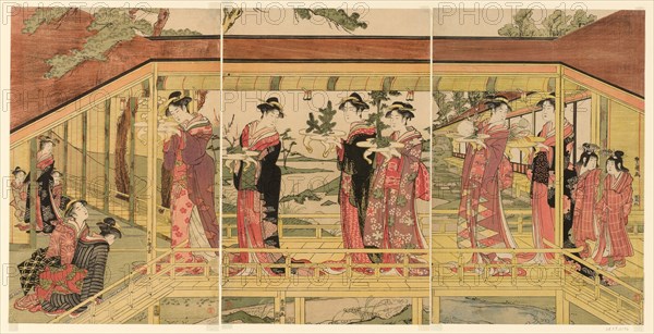 A procession of women holding shimadai decorations, c. 1789/1801.