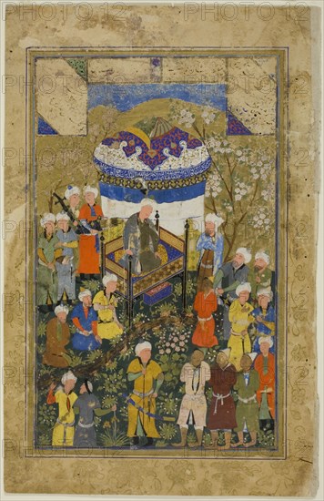 Chained Prisoners are Brought Before a King, a scene from the Gulistan of Sa'di, c. 1550.