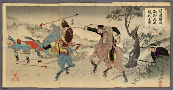 Sino-Japanese War: Two Generals at the Battle of Fenghuangcheng (Nisshin gekisen ryosho Hoojo sen no zu), 1894.