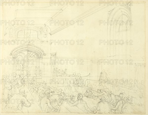 Study for Guild Hall, Examination of a Bankrupt Before His Creditors, from Microcosm of London, c. 1808.