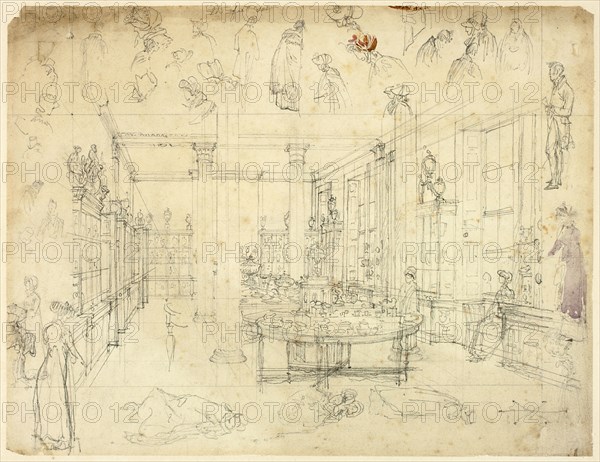 Study for Wedgwood and Byerly, York Street, St James' Square from London in Miniature (recto); Sketches of Women, Cabinet (verso), c. 1809.