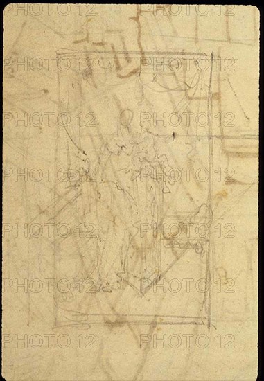 Study for Exhibition Room, Somerset House, from Microcosm of London (recto); Sketch of a Painting: Madonna and Child (verso), 1807 (recto); c. 1807 (verso).