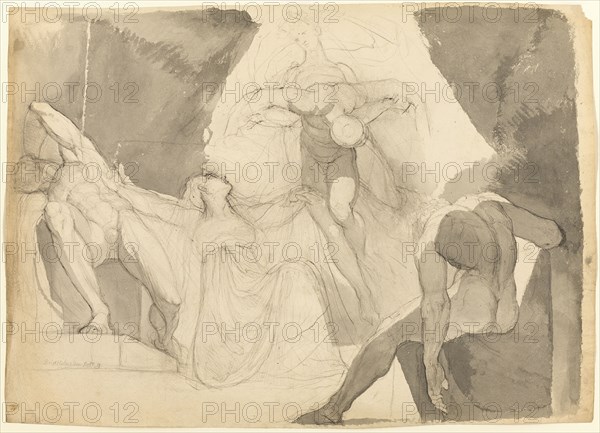 Aided by Eeriboia, Hermes Carries Off the Exhausted Ares from the Sleeping Sons of Aloeus (recto); Sketch of One of the Sleeping Sons of Aloeus (verso), 1819.