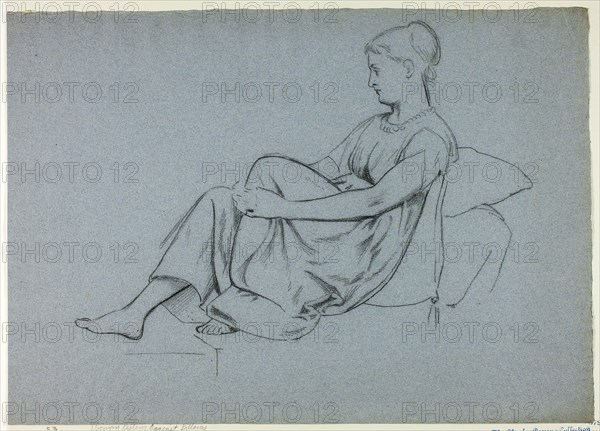 Woman Resting Against Pillows Clasping Her Knee, n.d.