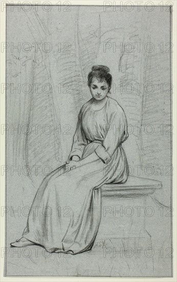 Woman Resting on Stone Bench, n.d.