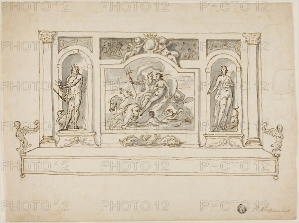 Neptune and Amphitrite Flanked by Jupiter and Juno: Design for Painted Hall or Garden Bench, n.d.