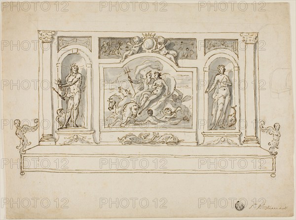 Neptune and Amphitrite Flanked by Jupiter and Juno: Design for Painted Hall or Garden Bench, n.d.