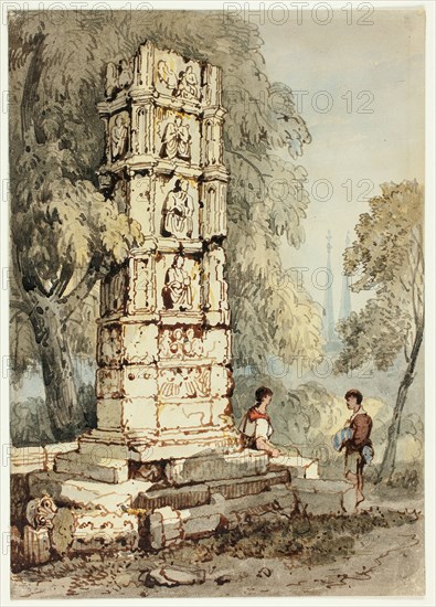 Two Figures Beside Medieval Ruins, with Church in Distance, n.d.