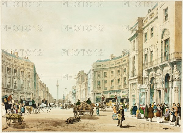 Regent Street Looking Towards the Duke of York's Column, plate twelve from Original Views of London as It Is, 1842.