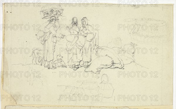 Figures with Market Goods and Three Sketches, n.d.