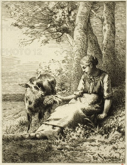Shepherd with Flock of Sheep at Edge of Wood, n.d.
