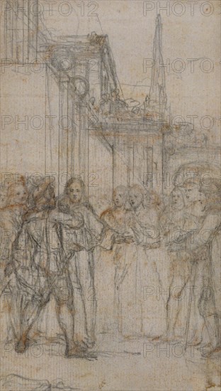 Literary Illustration: Man with Sword Confronting Group of Figures Before Building, n.d.