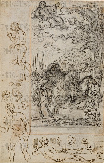 Study for Vignette in Voltaire's "La Pucelle d'Orleans", with Sketches of Heads and Nude Figures, c. 1762.
