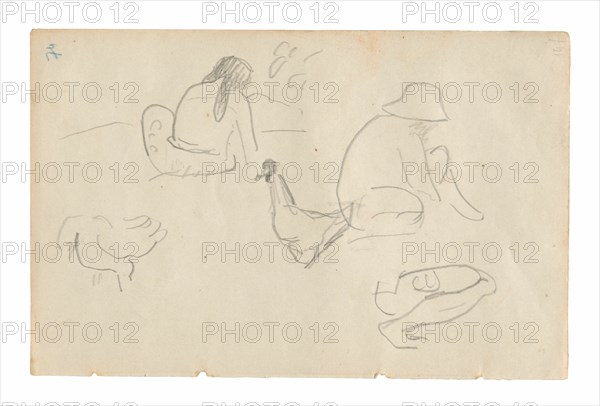 Sketches of Seated Figures and Chickens (recto), Nude Female Torso (related to the painting Te a no areois [The Seed of the Areoi]) (verso), from the Carnet de Tahiti (Tahitian sketchbook), 1891/93.