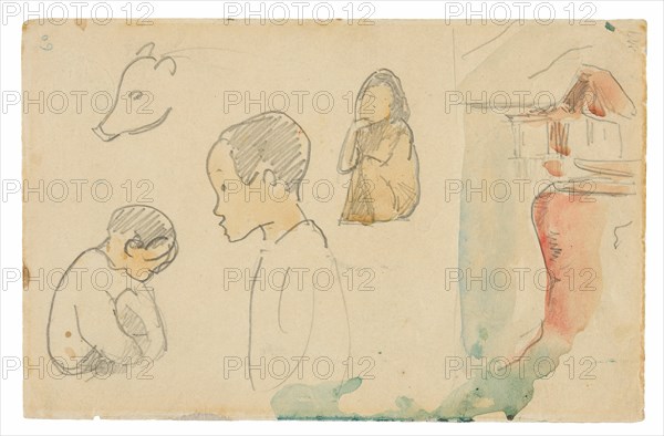 Sketches of Crouching and Standing Figures, a Pig, and a Hut at Water’s Edge, 1891.