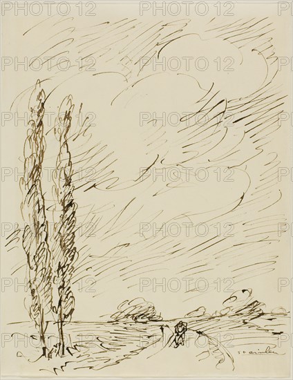 Tramp on a Road with Two Poplar Trees, n.d.