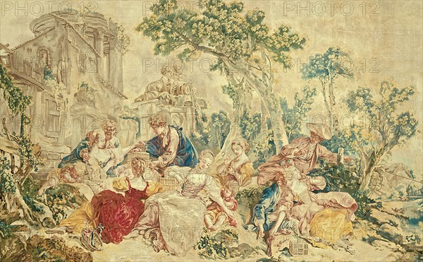 The Bird Catcher, from The Noble Pastoral, Beauvais, 1778/80. Woven at the Manufacture Royale de Beauvais under the direction of André Charlemagne Charron, after a cartoon by François Boucher. Detail from a larger artwork.