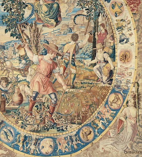 July, from The Medallion Months, Brussels, before 1528. Harvest scene with Runcina, the goddess of weeding or mowing in Roman mythology. In the circular frame are the signs of the zodiac. In the four corners are personifications of diseases. After a design by an artist in the circle of Bernard van Orley. Detail from a larger artwork.