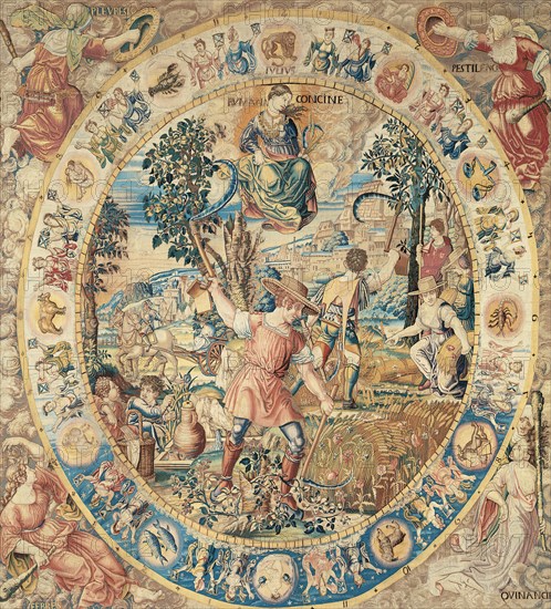July, from The Medallion Months, Brussels, before 1528. Harvest scene with Runcina, the goddess of weeding or mowing in Roman mythology. In the circular frame are the signs of the zodiac. In the four corners are personifications of diseases. After a design by an artist in the circle of Bernard van Orley. Detail from a larger artwork.
