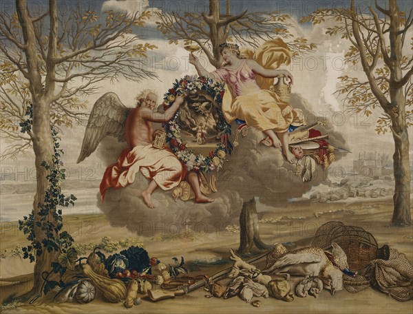 Winter, from The Seasons, Paris, 1700/20. Saturn (god of agriculture and time) and Juventas (cupbearer to the gods on Mount Olympus) floating on a cloud. Below are winter vegetables, a gun, nets and game from a hunt. In the background is the Palais du Louvre in Paris. Woven at the workshop of Etienne Le Blond and Jean de La Croix at the Manufacture Royale des Gobelins, after a design by Charles Le Brun. Detail from a larger artwork.