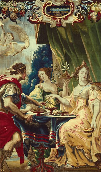 Cleopatra and Antony Enjoying Supper, from The Story of Caesar and Cleopatra, Brussels, c. 1680. Cleopatra dissolves a pearl in a cup of vinegar. Woven at the workshop of Gerard Peemans, after a design by Justus van Egmont. Detail from a larger artwork.