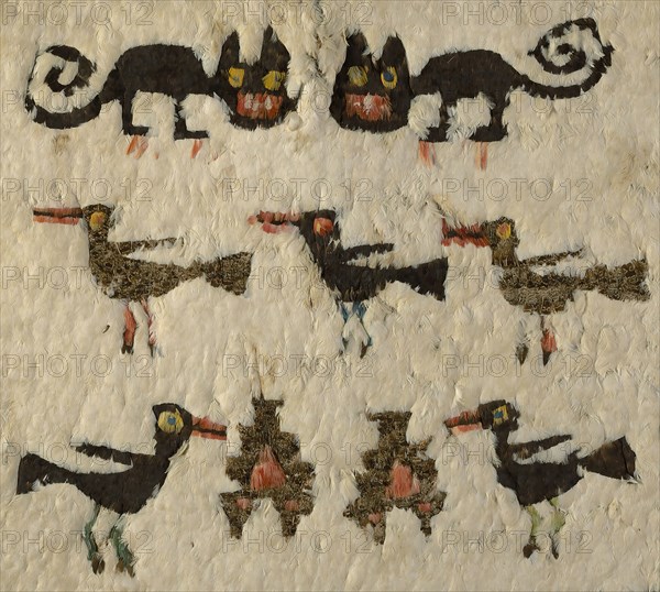 Feathered Tunic, Peru, 1470/1532. Cat and bird motif embellished with rare and valuable feathers from macaws, parrots, toucans, cotingas and tanagers from the tropical forests of South America, transported across the treacherous peaks of the Andes. The tunic was buried with its owner in dark, dry tomb which preserved its bright colours. Detail from a larger artwork.